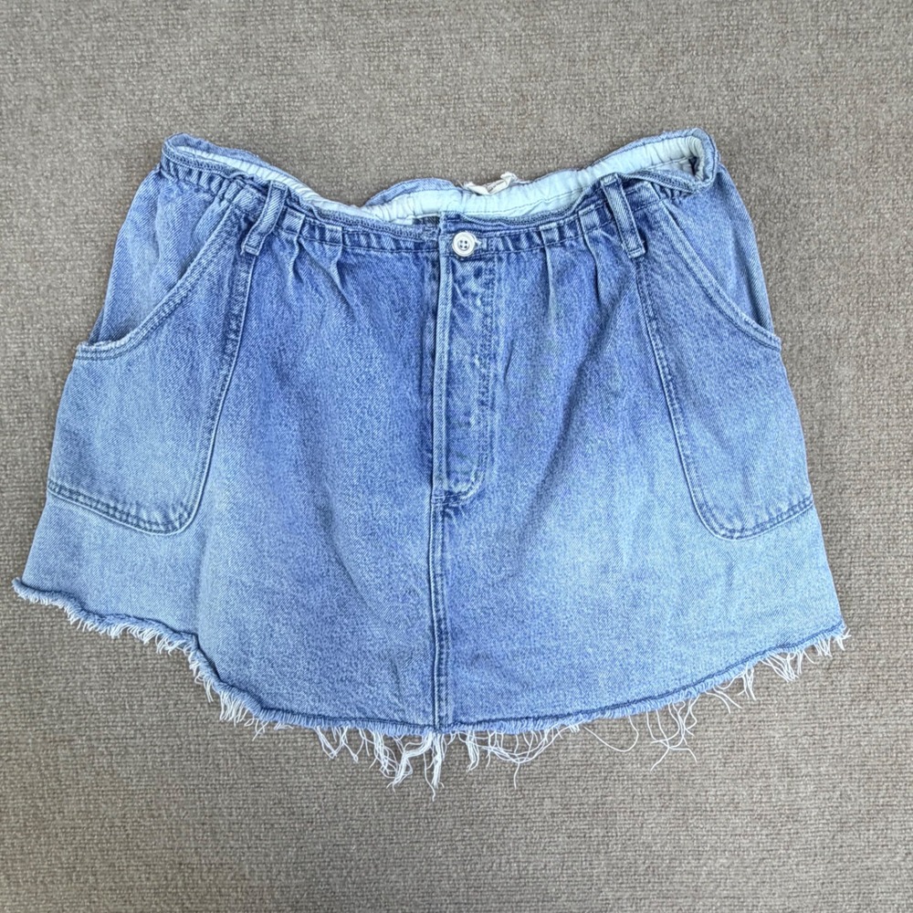 Pilcro Anthropologie Denim Mini Skirt Light Wash Raw Hem Blu Large Elastic Waist